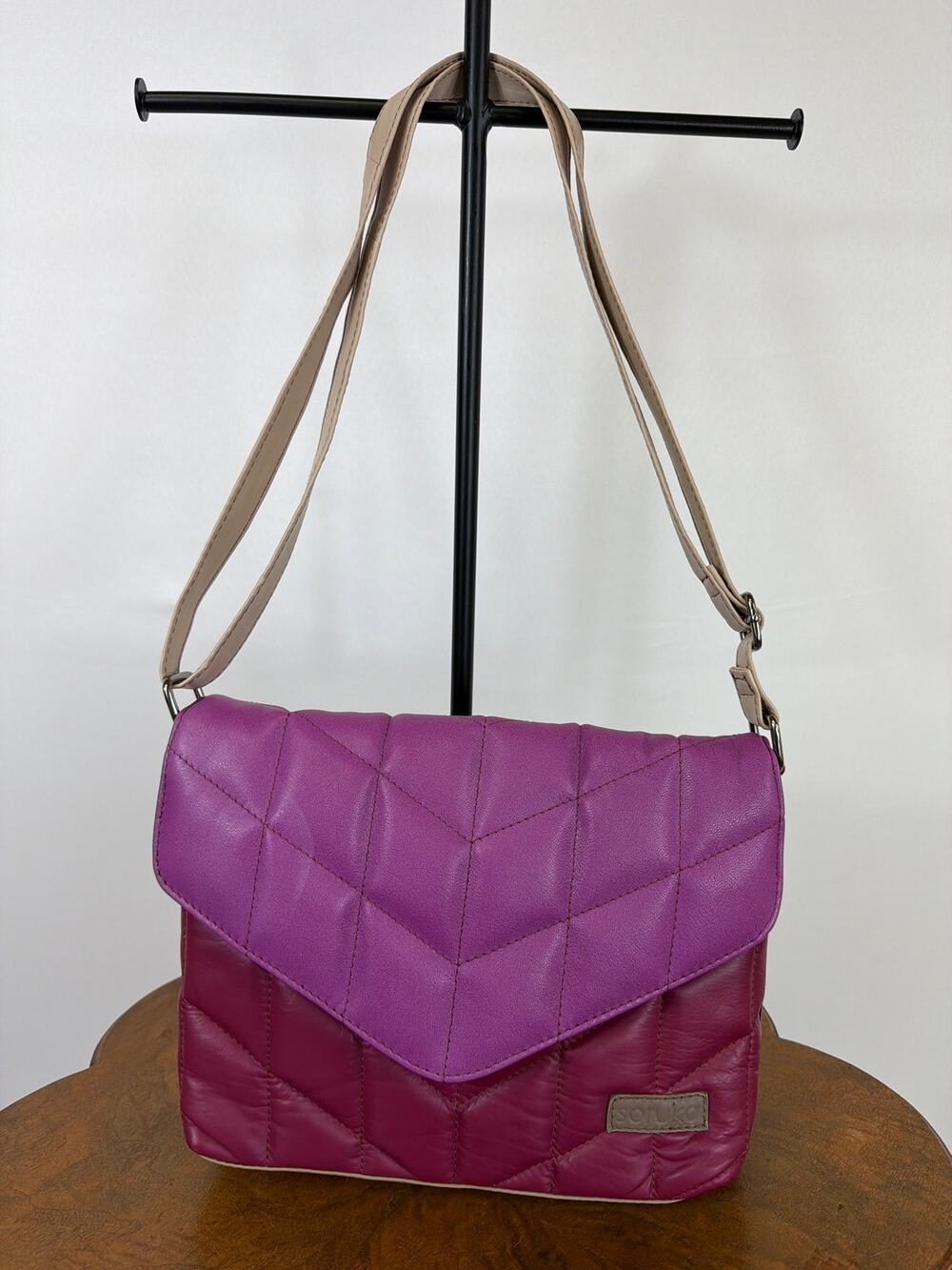 NWT Soruka Pink Fuchsia Quilted Leather Beige Adjustable Strap Crossbody Bag